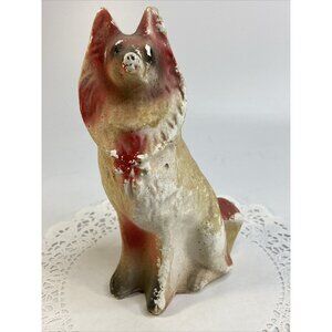 Vintage COLLIE DOG Chalkware Carnival Figurine Circus Game Prize 1950s 7.25 in